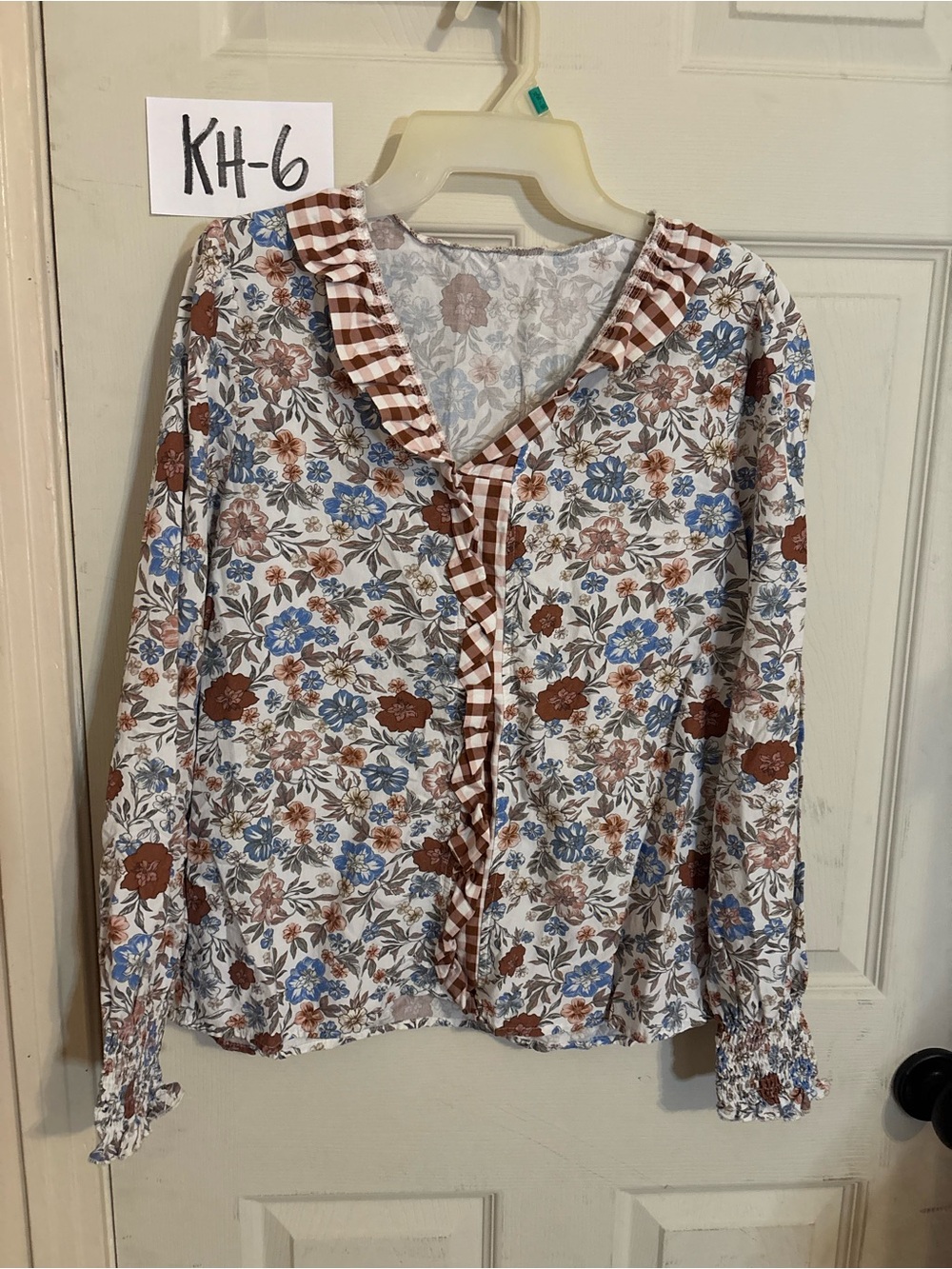 Floral Print Ruffle Front Women’s Top - Brown & Blue